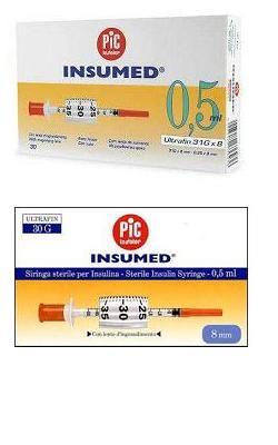 SIRINGA PER INSULINA PIC INSUMED 0,3 ML 100 UI SPAZIO ZERO AGO 30 GAUGE 8 MM 3 SACCHETTI DA 10 PEZZI - FarmaLucia