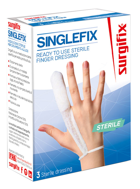 MEDICAZIONE STERILE PER DITO SINGLEFIX, COSTITUITA DA UNA GUAINA IN COTONE E DA UN'IMBOTTITURA INTERNA ASSORBENTE. SI APPLICA DIRETTAMENTE SULLA FERITA E SI FISSA AL POLSO - FarmaLucia