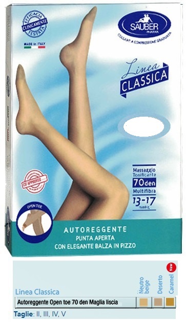 SAUBER AUTOREGGENTE OPEN TOE MAGLIA LISCIA 70 DEN COLORE NEUTRO BEIGE TAGLIA 5 LINEA CLASSICA - FarmaLucia