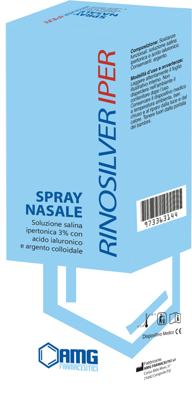 RINOSILVER SOLUZIONE SALINA IPERTONICA 3% CON ACIDO IALURONICO E ARGENTO COLLOIDALE SPRAY NASALE 20 ML - FarmaLucia