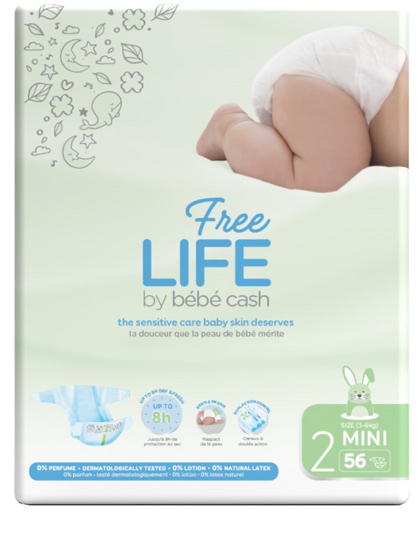 FREELIFE BY BEBECASH PANNOLINI MINI TAGLIA 2 3-6 KG GIROVITA 30-48 CM 56 PEZZI - FarmaLucia