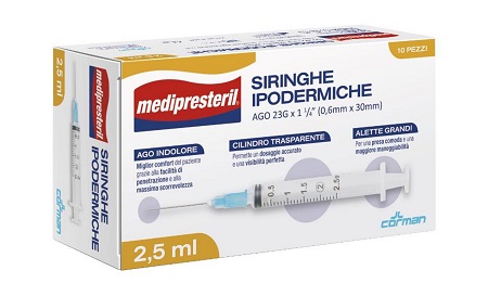 SIRINGA IPODERMICA MEDIPRESTERIL AGO 23 GAUGE 1 1/4 0,6X30MM 2,5 ML 10 PEZZI - FarmaLucia
