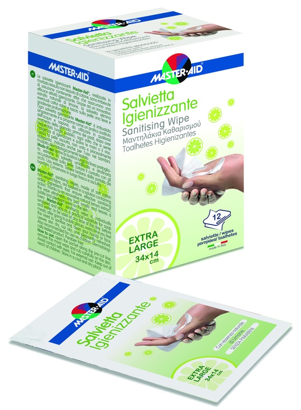 MASTER-AID SAVIETTA IMPREGNATA DI SOLUZIONE IGIENIZZANTE XL 12 PEZZI - FarmaLucia
