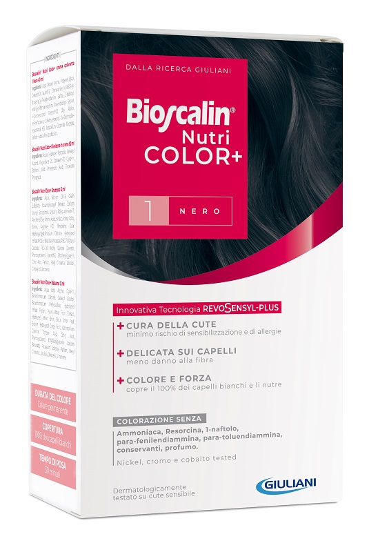 BIOSCALIN NUTRICOLOR PLUS 1 NERO CREMA COLORANTE 40 ML + RIVELATORE CREMA 60 ML + SHAMPOO 12 ML + TRATTAMENTO FINALE BALSAMO 12 ML - FarmaLucia