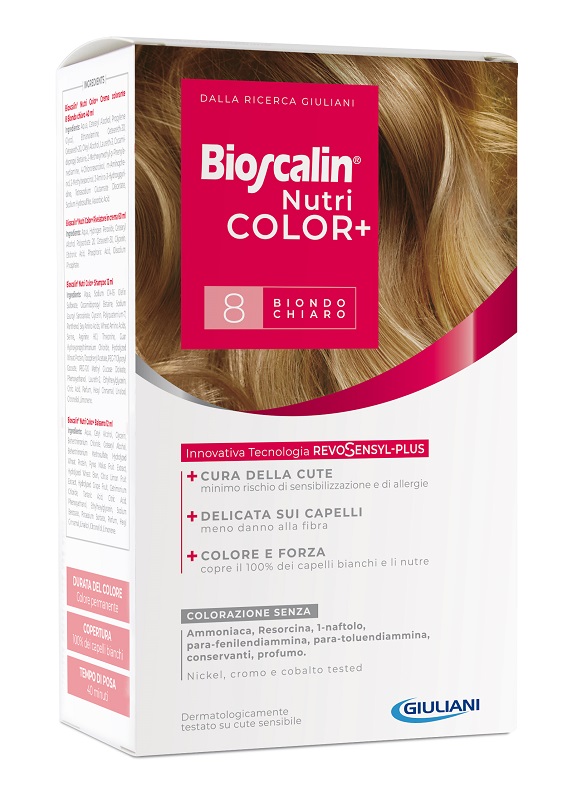 BIOSCALIN NUTRICOLOR PLUS 8 BIONDO CHIARO CREMA COLORANTE 40 ML + RIVELATORE CREMA 60 ML + SHAMPOO 12 ML + TRATTAMENTO FINALE BALSAMO 12 ML - FarmaLucia