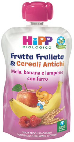 HIPP BIO FRUTTA FRULLATA&CEREALI ANTICHI MELA BANANA LAMPONE FARRO 90 G - FarmaLucia